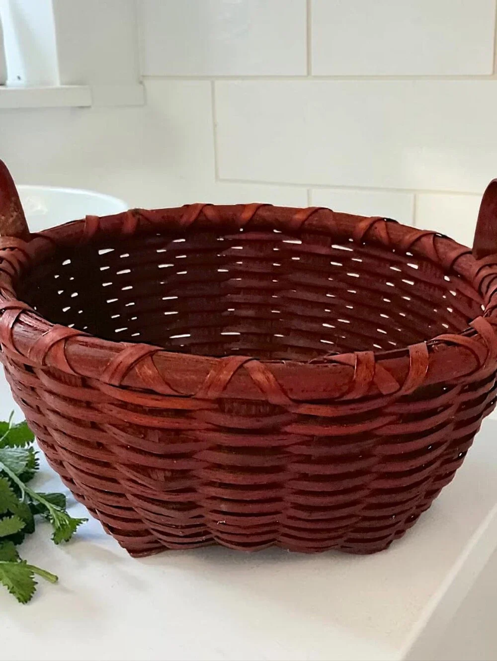 Basketville Handmade Basket Handles Rustic Primitive‎ Woven Reed Slats Vintage